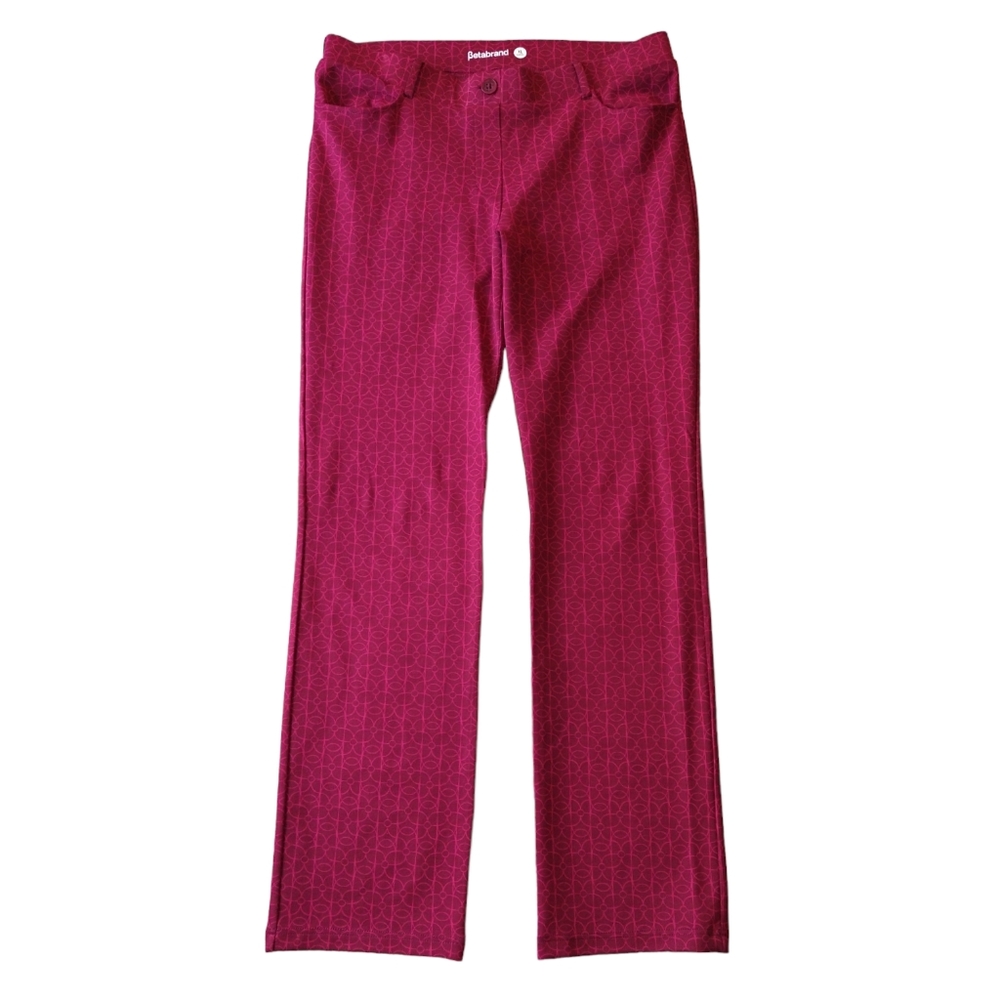 Betabrand Red Pink Geo Pull On Straight Leg Dress Yoga Pant 4 Pocket LONG
